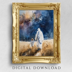 Jesus Christus geht mit Kind, digitaler Download Poster, druckbares Geschenk Bild, Bibel Kunst, christliche Wohnkultur, Aquarell, sternenklare Nacht