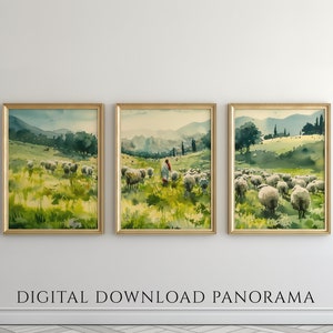 Set of 3 Jesus Art Prints, Jesus Leaves the 99, The Lost Lamb Print, Triptych Art, Christian wall art gift, Bible Art, Panorama Printable