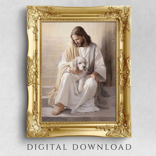 Jesus with a Puppy, Inspired by Biblical Stories, Printable Christian Home Decor Art for Dog Lovers, Digital Watercolor Portrait Painting