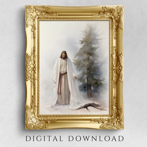 Jesus next to a Christmas Tree During Winter, Printable Holiday Art for Christian Home Decor Merry Christmas, Digital Watercolor Portrait
