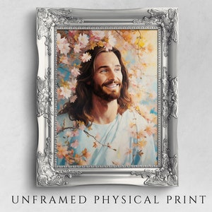 Smiling Jesus Christ with Blossoming Tree, Easter Season, Christian Home Decor, Oil Painting Religious Bible Art, Physical Portrait Print