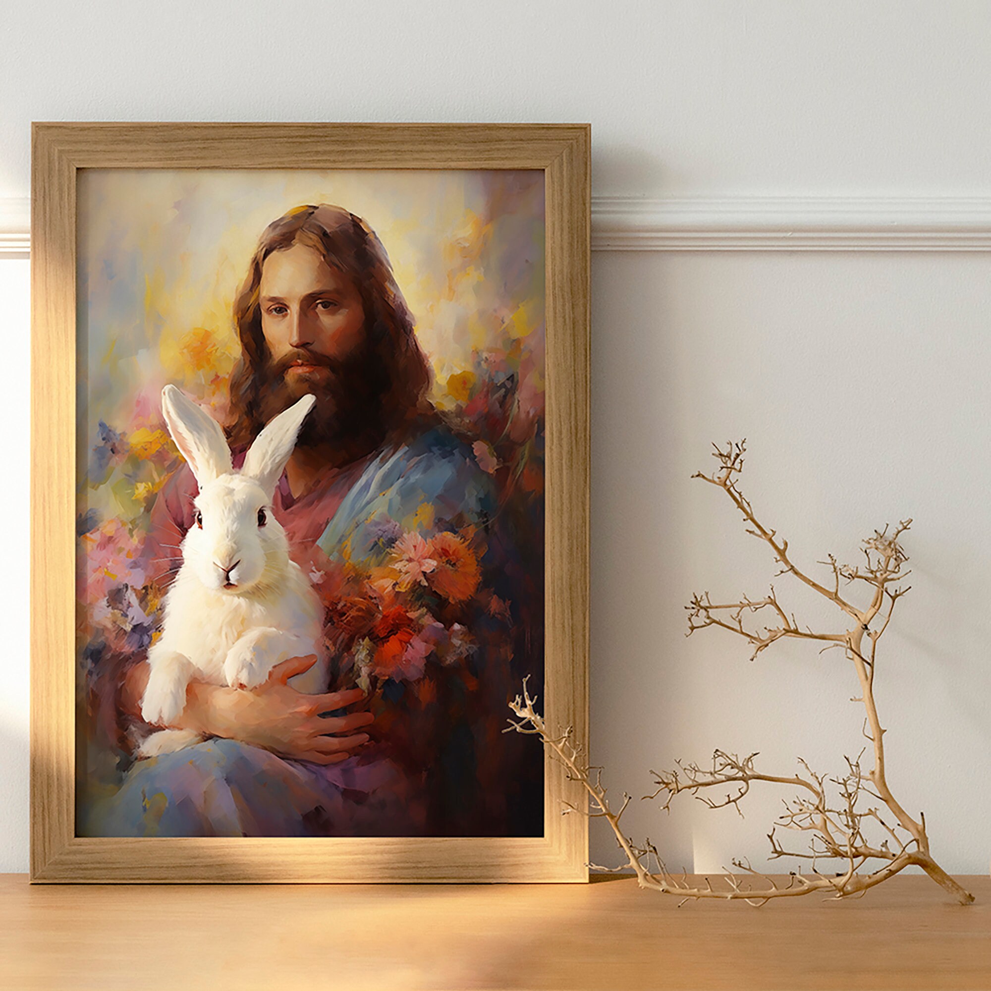 Jesus Christ Holding Rabbit Oil Painting Art - Christian Easter Home ...
