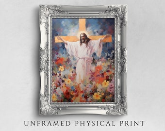 Jesus Christ Crucifixion Art Print on Paper: Religious Floral Scene