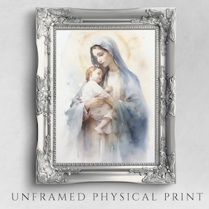 The Virgin Mary holding Baby Jesus, Watercolor Print on Paper, Christian Home Decor Art, Saint Mary Poster, Motherhood Gift, Mothers Art