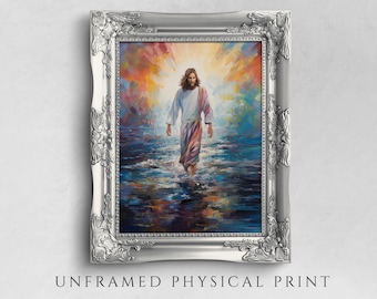May include: A framed painting of Jesus Christ walking on water. The painting is done in a colourful style with a bright background and a blue and white water scene. The painting is framed in a silver ornate frame.