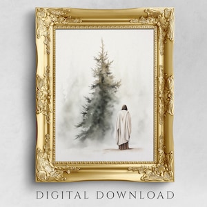 Jesus Looking at a Christmas Tree, Printable Holiday Art for Christian Home Decor, Merry Christmas, Digital Watercolor Portrait. Ver 1