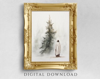 May include: A digital download of a watercolor painting depicting a person in a white robe standing in a foggy forest with a tall evergreen tree in the background.