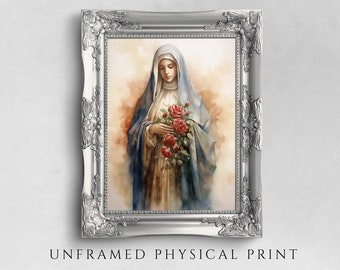 The Saint Virgin Mary with a Bouquet of Flowers, Biblical Painting, Watercolor Print on Paper, Christian Home Decor Art, Religious Gift