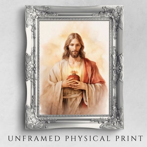 Jesús con el Sagrado Corazón, inspirado en historias bíblicas, decoración de arte cristiano imprimible para el hogar, impresión física