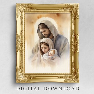 Embrace of Jesus Christ, Mary and Joseph, Inspired by Biblical Stories, Printable Christian Nativity Home Decor Ver 1
