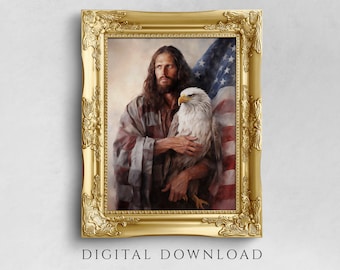 Jesus Christ Holding an American Bald Eagle, Memorial Day Painting, Independance Day Poster, 2024 US Election Picture Faith Gift