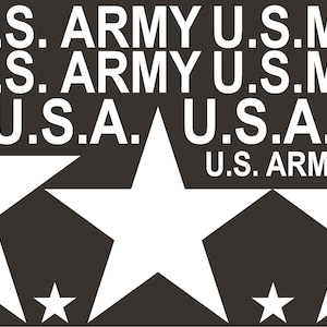 Puede incluir: Un diseño gráfico en blanco y negro con el texto "U.S. ARMY", "U.S.M.C." y "U.S.A.", junto con estrellas blancas y los números 0-9. El diseño incluye las palabras "FUEL" y "AMMUNITION".