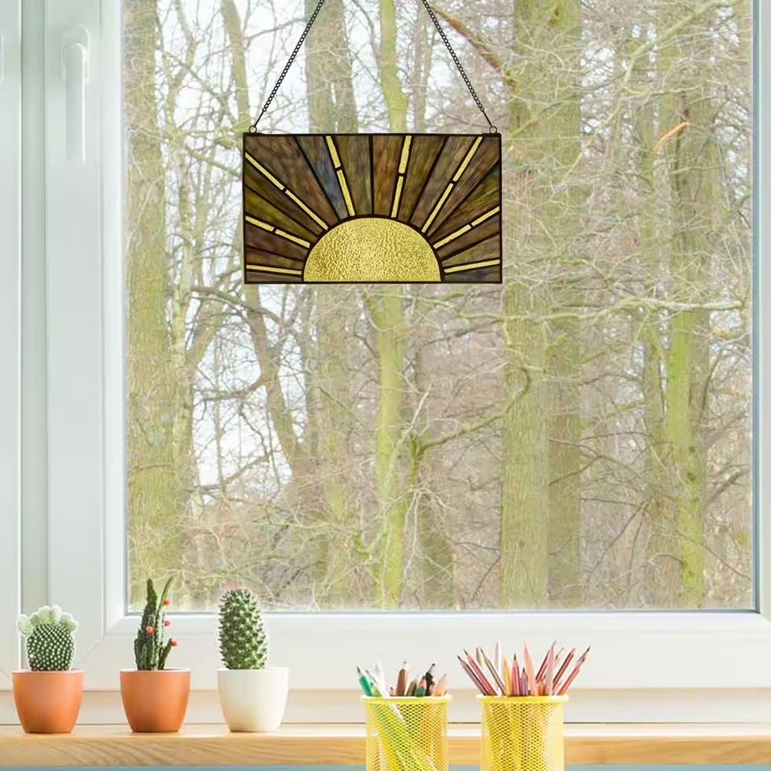 Golden Sun Stained Glass Window Panel Window Suncatcher Etsy