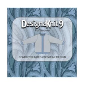 May include: A light blue graphic with the text "DesignaKnit 9 For Windows" and a diagram of a jacket. The graphic is set against a patterned blue background. The text "COMPUTER AIDED KNITWEAR DESIGN" is also present.