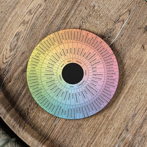 May include: A colourful circular chart with a black centre and a rainbow of colours around the edge. The chart is labelled with words describing different personality traits. The chart is on a wooden surface with coffee beans scattered around it.