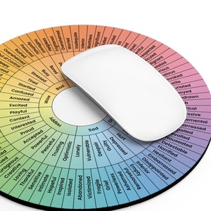 May include: A round, colourful mouse mat with a black border. The mouse mat features a circular design with a rainbow gradient and a list of words describing different emotions. The words are arranged in a circle, with the most positive emotions at the top and the most negative emotions at the bottom.