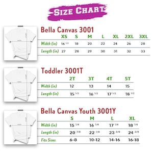 Puede incluir: Tabla de tallas para camisetas Bella Canvas 3001, 3001T y 3001Y. La tabla muestra el ancho y la longitud en pulgadas para cada talla, desde XS hasta 3XL, desde 2T hasta 5T y desde S hasta XL.