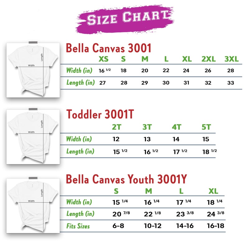 Puede incluir: Tabla de tallas para camisetas Bella Canvas 3001, 3001T y 3001Y. La tabla muestra el ancho y la longitud en pulgadas para cada talla, desde XS hasta 3XL, desde 2T hasta 5T y desde S hasta XL.