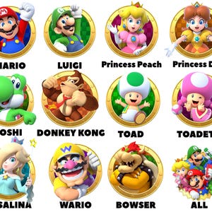 May include: A colourful illustration of various characters from the Super Mario video game franchise. Each character is depicted in a circular frame with a gold border. The characters include Mario, Luigi, Princess Peach, Princess Daisy, Yoshi, Donkey Kong, Toad, Toadette, Rosalina, Wario, Bowser, and a group of characters labelled "ALL".