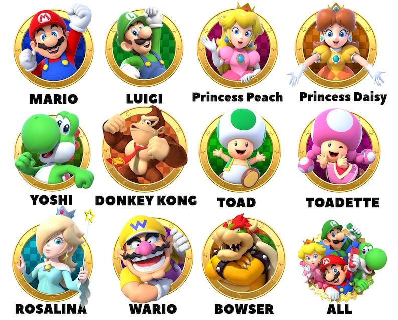 May include: A colourful illustration of various characters from the Super Mario video game franchise. Each character is depicted in a circular frame with a gold border. The characters include Mario, Luigi, Princess Peach, Princess Daisy, Yoshi, Donkey Kong, Toad, Toadette, Rosalina, Wario, Bowser, and a group of characters labelled "ALL".