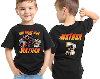 Camiseta de cumpleaños de Monster Truck, camiseta de cumpleaños de automóvil, camiseta de cumpleaños de niño personalizada, camiseta de cumpleaños de niño pequeño, camiseta de Monster Trucks, camiseta familiar a juego