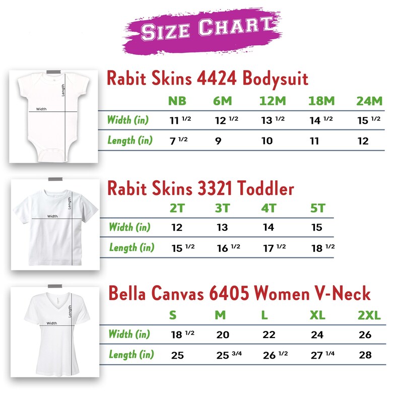 Puede incluir: Tabla de tallas para ropa en diferentes tallas. La tabla incluye medidas de ancho y largo en pulgadas. Las marcas que aparecen son Rabit Skins y Bella Canvas.