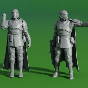 May include: Two gray action figures of futuristic soldiers, set against a green background. One figure is raising a hand, while the other is aiming a pistol. Both figures are wearing helmets, armor, and capes, and carrying weapons.