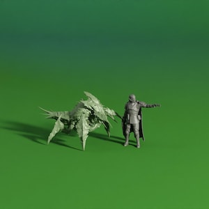 May include: A green-toned image features two figures: a spiky, insect-like creature and a person in armor. The person is standing with their arm outstretched. The background is a solid green color.
