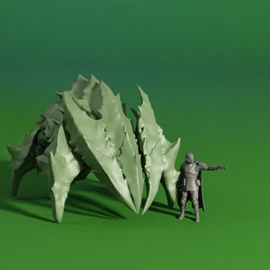 May include: A light green, spiky, insect-like sculpture stands next to a miniature figure of a person in a dark outfit. The background is a gradient of green hues.