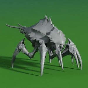 May include: A gray, detailed, 3D printed model of a creature with a spiky shell and multiple legs. The creature has a menacing appearance with sharp claws and a pointed head.