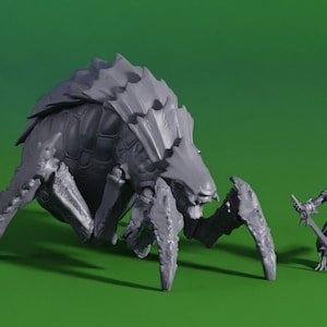 May include: A gray, detailed, 3D printed miniature of a large, spidery creature with a segmented body and multiple legs. The creature is standing on a green surface, next to a smaller, gray, 3D printed miniature of a humanoid figure holding a sword.