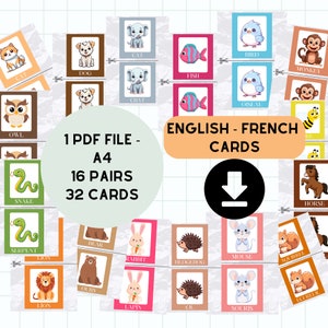 Flashcard inglese francese Schede di memoria per bambini Giochi di apprendimento homeschooling Pdf Animali Strumenti educativi Bambini in età prescolare Montessori