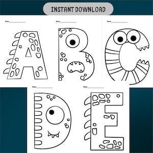 Könnte beinhalten: Schwarz-weiße, druckbare Buchstaben A, B, C, D und E, jeweils im Monster-Design. Die Buchstaben sind mit einer dicken schwarzen Linie umrandet und enthalten oben den Text "Sofort-Download".