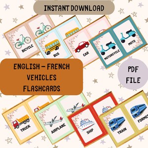 Divertido aprendizagem inglês francês flashcards cartões de memória para crianças brinquedos de educação em casa pdf veículos educativos pré-escolar montessori crianças