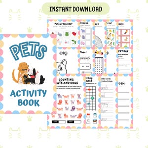 Puede incluir: Un libro de actividades colorido para niños que presenta una variedad de actividades relacionadas con las mascotas, incluyendo contar gatos y perros, una cuadrícula del día de las mascotas, una búsqueda de palabras y un poema. La portada presenta una ilustración de dibujos animados de un perro, un gato, un conejo y un gato negro.