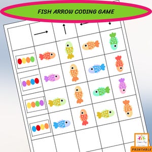 Pode incluir: Uma folha de atividades imprimível Fish Arrow Coding Game com uma grade, setas direcionais no topo e linhas de ilustrações de peixes coloridos. O documento inclui sequências de círculos coloridos em caixas e vários ícones de peixes em laranja, azul, verde e roxo.