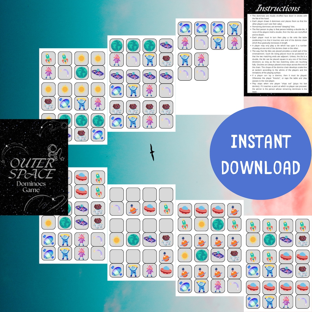 Outer Space Dominoes Printable Games for Kids Family Friends Holiday