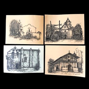 Sharon Ader Vintage litho's afdrukken, notitiekaarten en briefkaarten | Spaanse missies, Californië, kerkarchitectuur
