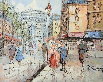 Vintage Oil on Canvas Painting by P. Gillette, Paris 50s Street Scene 10&quot; x 8&quot; Signed | Impressionist Wall Art Decor
