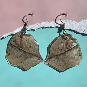 May include: A pair of dangle earrings featuring translucent, irregularly shaped pendants that resemble dried leaves or butterfly wings. The pendants have a mottled brown and beige pattern with visible veins, encased in a clear resin, suspended from silver-toned metal hooks.
