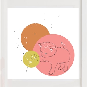 Gatinho brincalhão com estampa de dente de leão, vários tamanhos disponíveis, decoração de gato, arte de parede de gato