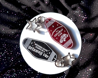 Getaway Car Glittery Acrylic Keyring - Mini Motel Style with Silver Star Clasp