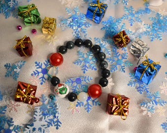 Juego de pulseras Grinch (piedra de sangre india y cuarzo transparente)