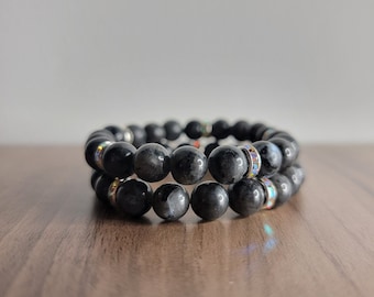 Pulsera de larvikita y labradorita de 8 mm: pulsera apilable de cristales de conexión a tierra