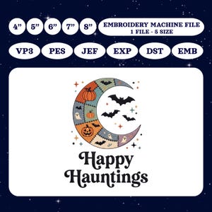 Arquivo de bordado de Halloween com lua crescente em patchwork e desenho retrô de abóbora e morcego (download digital)