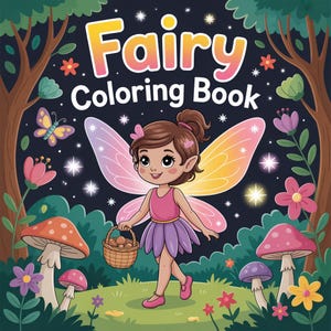 May include: A colorful illustration of a fairy coloring book. The cover features a fairy with pink and yellow wings, a basket of mushrooms, and the text "Fairy Coloring Book". The background includes mushrooms, flowers, and a starry night sky.