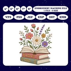 May include: An embroidery machine file design featuring an open book with a bouquet of colorful flowers including pink, white, yellow, and purple blossoms emerging from the pages, resting on a stack of two books in pink and green with gold accents.