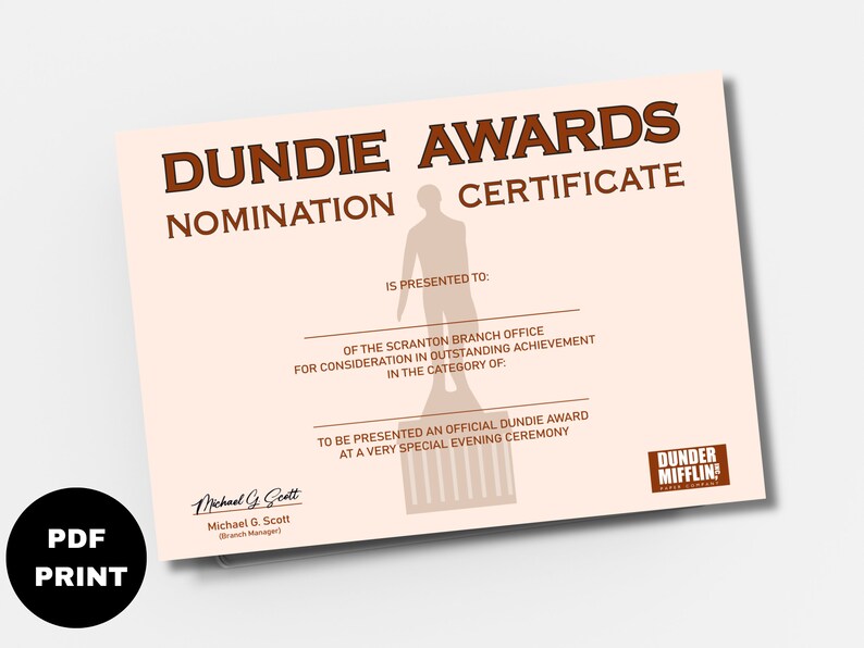 Dundie Award Nomination Certificate, PDF Print, Digital Download, Award ...