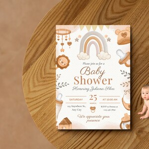 Blaue illustrative Babypartykarte, bearbeitbare Babypartyvorlage, herunterladbare Babypartyvorlage.