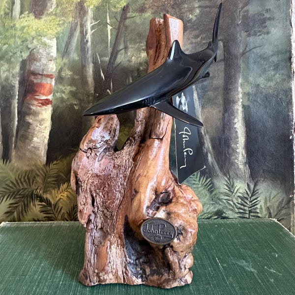 Vintage John Perry Original Resin and Burl Wood Shark Sculpture, California